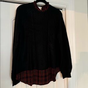 LOFT Black Sweater with Red Plaid Detail